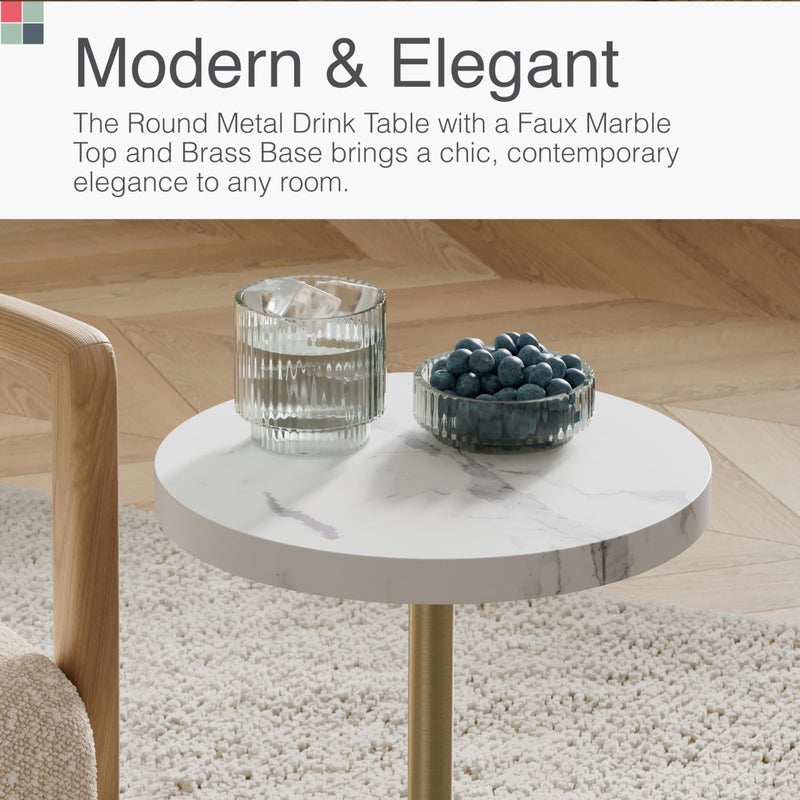 Stead Round Metal Drink Table with Faux Marble Top, Brass Pole & Dome Base â€“ Modern Small Pedestal Side Table for Living Room, Bedroom, or Office â€“ Easy Assembly, Scratch-Resistant Base - Image 2