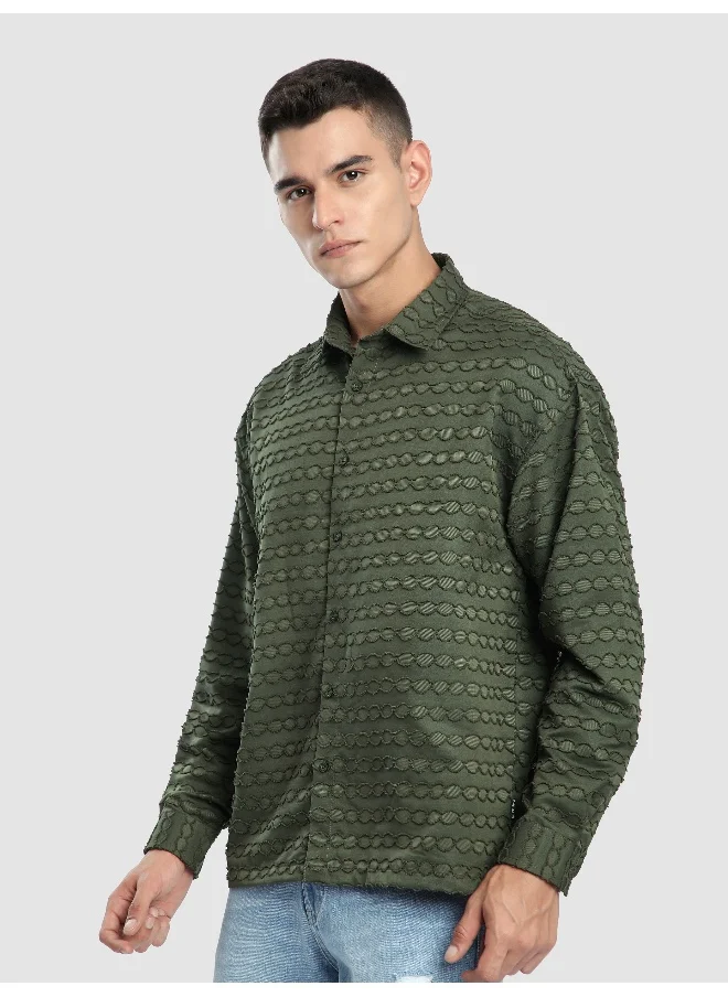 Beyoung Olive Fur Wave Textured Shirt