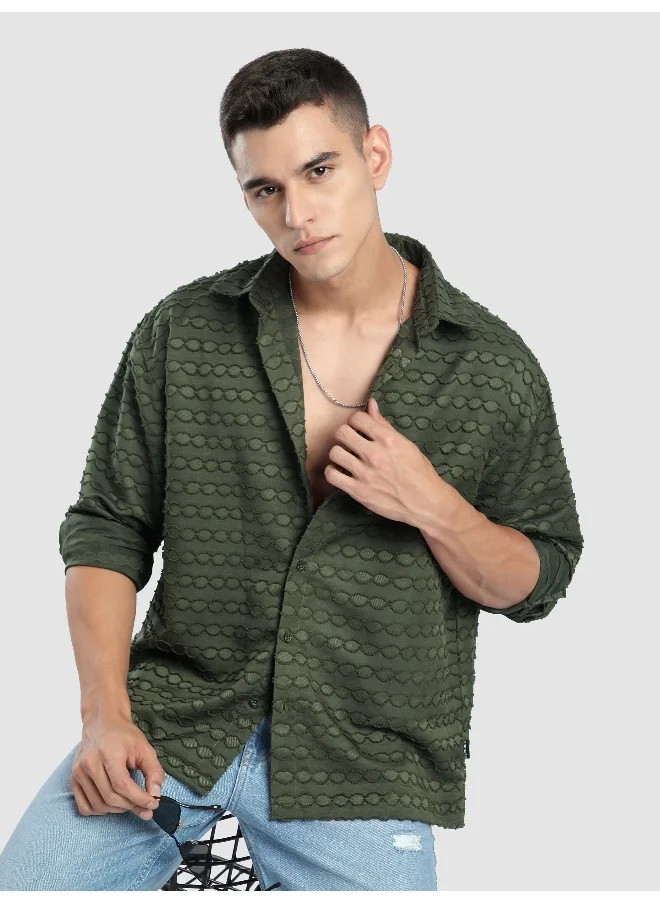 Beyoung Olive Fur Wave Textured Shirt