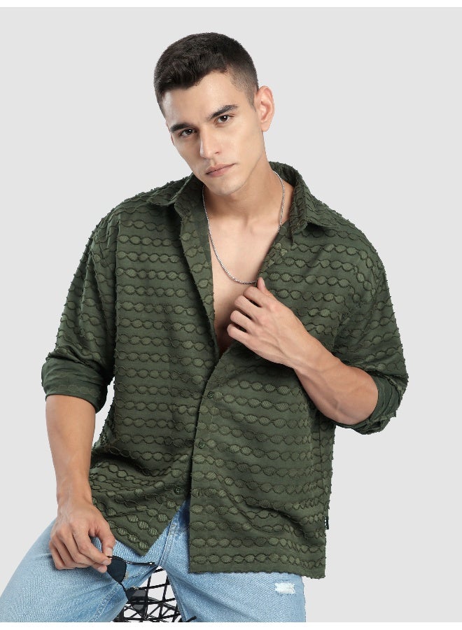 Beyoung Olive Fur Wave Textured Shirt  - Image 1