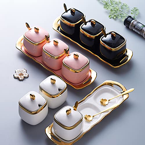 Fvstar Sugar Bowl with Lid and Spoon, Ceramic Salt Containers for Countertop, Salt and Sugar Container Sets, White Seasoning Bowls, Gold Condiment Containers for Kitchen Coffee Bar - Image 3
