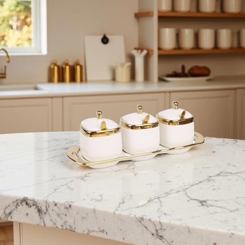 Fvstar Sugar Bowl with Lid and Spoon, Ceramic Salt Containers for Countertop, Salt and Sugar Container Sets, White Seasoning Bowls, Gold Condiment Containers for Kitchen Coffee Bar - Image 2