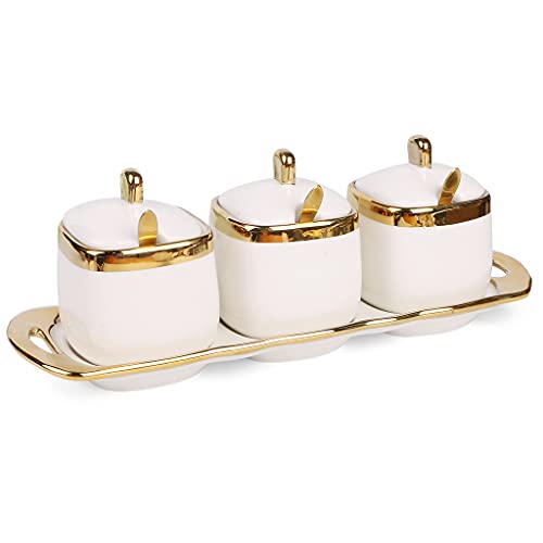 Fvstar Sugar Bowl with Lid and Spoon, Ceramic Salt Containers for Countertop, Salt and Sugar Container Sets, White Seasoning Bowls, Gold Condiment Containers for Kitchen Coffee Bar - Image 1