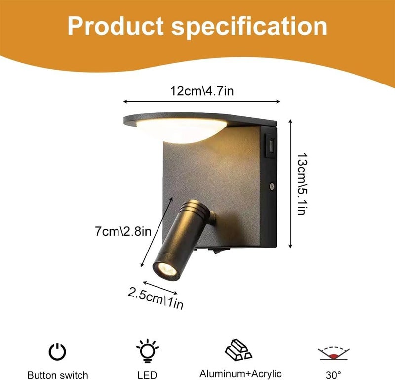 LED Wall Mount Reading Light Bedside Sconce with Switch, USB Charging Port, 350°+90° Rotation Spotlight, 3000K Sconces Lighting Fixture for Living Room Bedroom Headboard(White) (Black) - Image 4