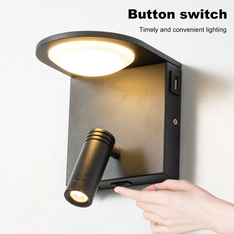 LED Wall Mount Reading Light Bedside Sconce with Switch, USB Charging Port, 350°+90° Rotation Spotlight, 3000K Sconces Lighting Fixture for Living Room Bedroom Headboard(White) (Black) - Image 3