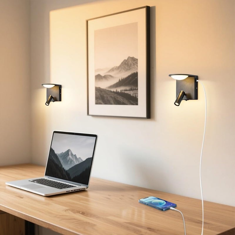 LED Wall Mount Reading Light Bedside Sconce with Switch, USB Charging Port, 350°+90° Rotation Spotlight, 3000K Sconces Lighting Fixture for Living Room Bedroom Headboard(White) (Black) - Image 2