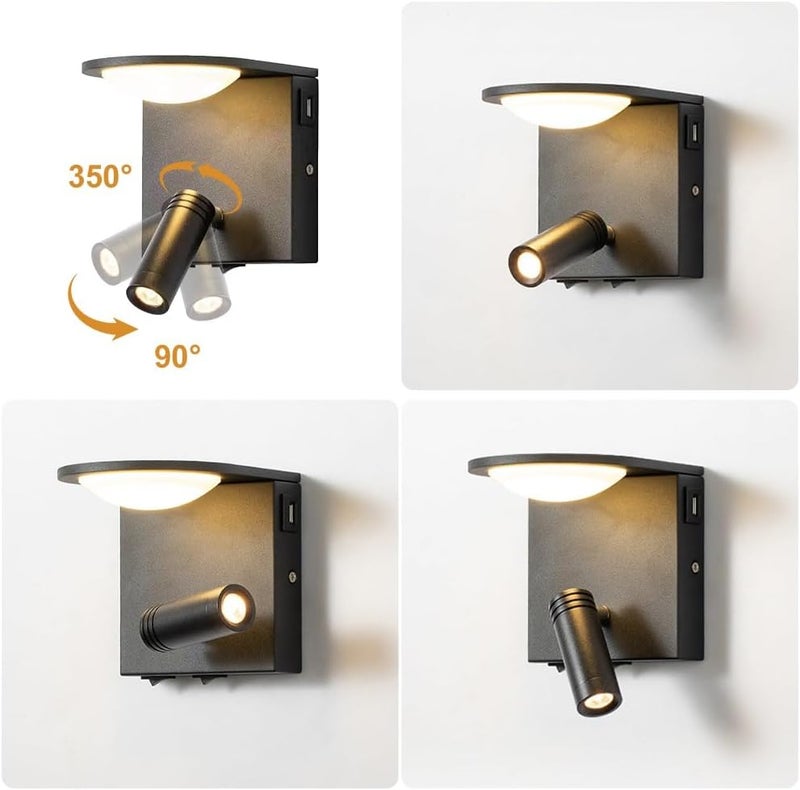 LED Wall Mount Reading Light Bedside Sconce with Switch, USB Charging Port, 350°+90° Rotation Spotlight, 3000K Sconces Lighting Fixture for Living Room Bedroom Headboard(White) (Black) - Image 5