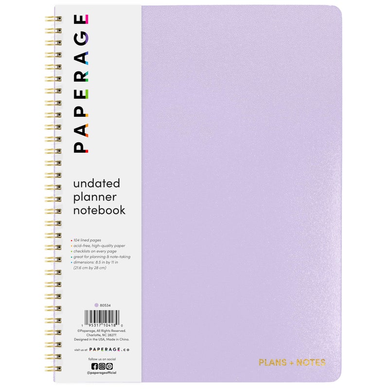 PAPERAGE Undated Daily Planner & To Do List Notepad (Lavender), 8.5 in x 11 in, Spiral Bound Planner Notebook for Work, School or Home, 104 Lined Pages With Date Tracker for Plans & Notes - Image 1