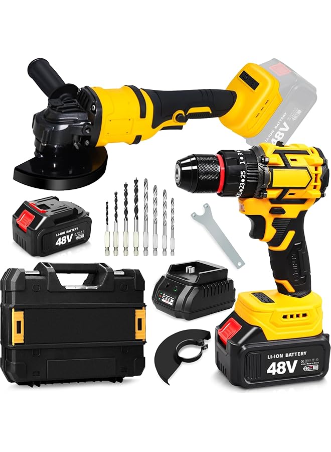 WEMART 48V Cordless Drill And Cordless Angle Grinder With 2 X Batteries And Charger Brushless Electric Drill 2 Speed 25+3 Torque Setting Compact Drill Driver Kit For Home And Diy Project - Image 1
