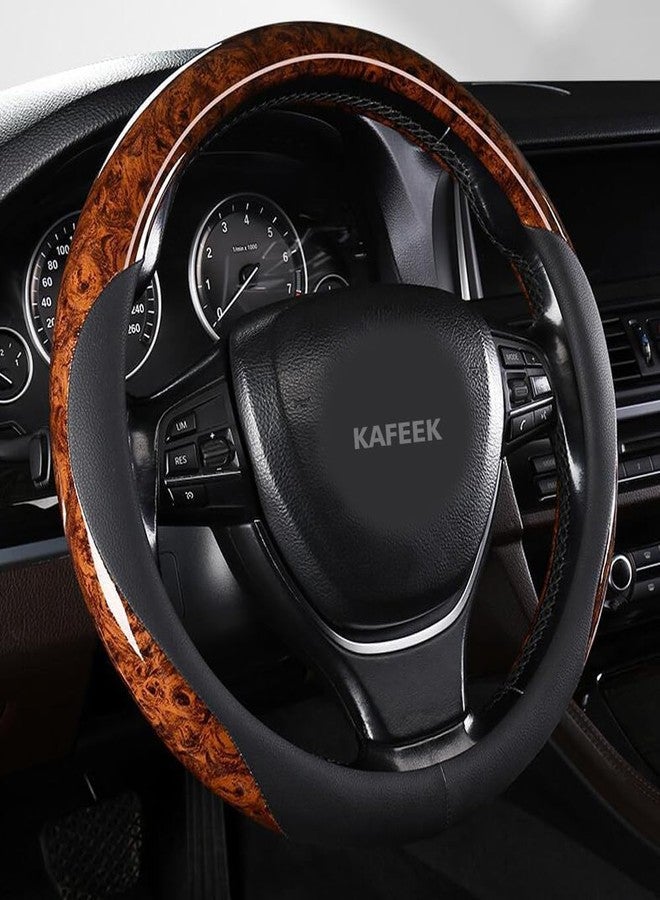 KAFEEK غطاء عجلة قيادة KAFEEK بنقشة الخشب، مصنوع من جلد المايكروفايبر، مقاس عالمي من 14.5 إلى 15 بوصة، غطاء عجلة قيادة للسيارة للرجال والنساء، مريح، مانع للانزلاق، عديم الرائحة، أسود - Image 1