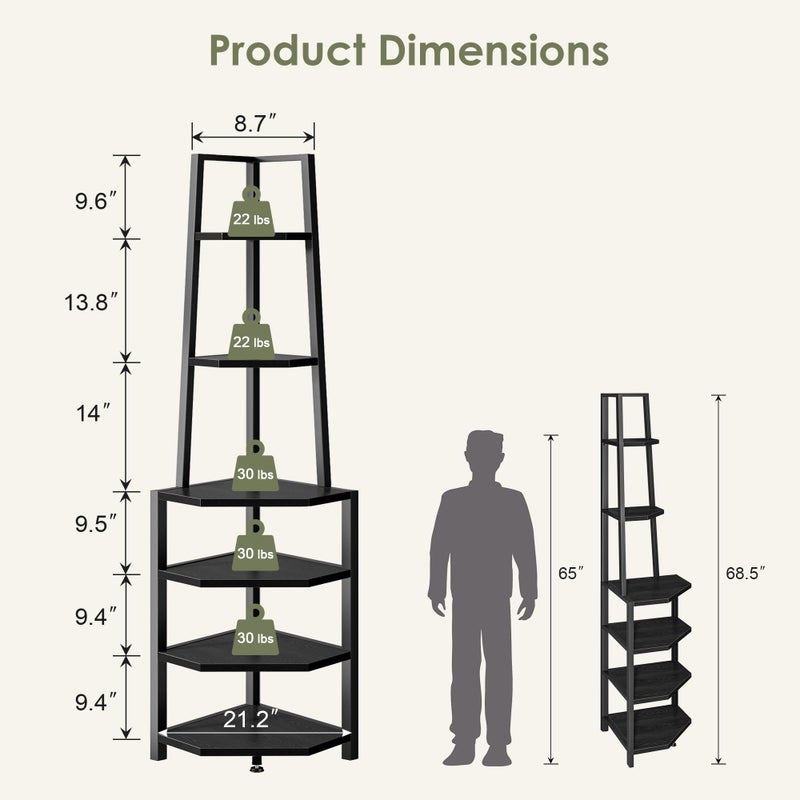 VECELO 6 Tier Corner Shelf 69 Inch Industrial Bookshelf with Metal Frame, Multipurpose Tall Plant Stand with Opening Display Shelves for Living Room, Bedroom, Home Office, Small Space, Black - Image 2