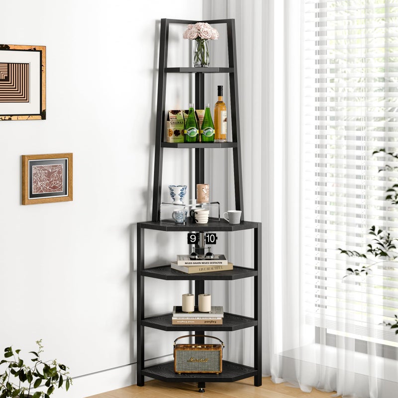 VECELO 6 Tier Corner Shelf 69 Inch Industrial Bookshelf with Metal Frame, Multipurpose Tall Plant Stand with Opening Display Shelves for Living Room, Bedroom, Home Office, Small Space, Black - Image 1