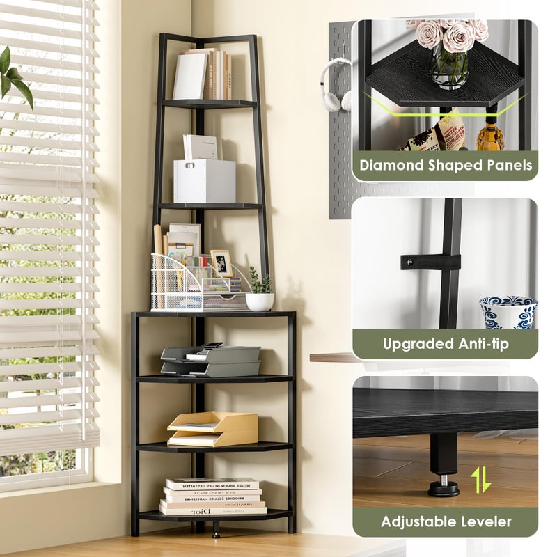 VECELO 6 Tier Corner Shelf 69 Inch Industrial Bookshelf with Metal Frame, Multipurpose Tall Plant Stand with Opening Display Shelves for Living Room, Bedroom, Home Office, Small Space, Black - Image 4
