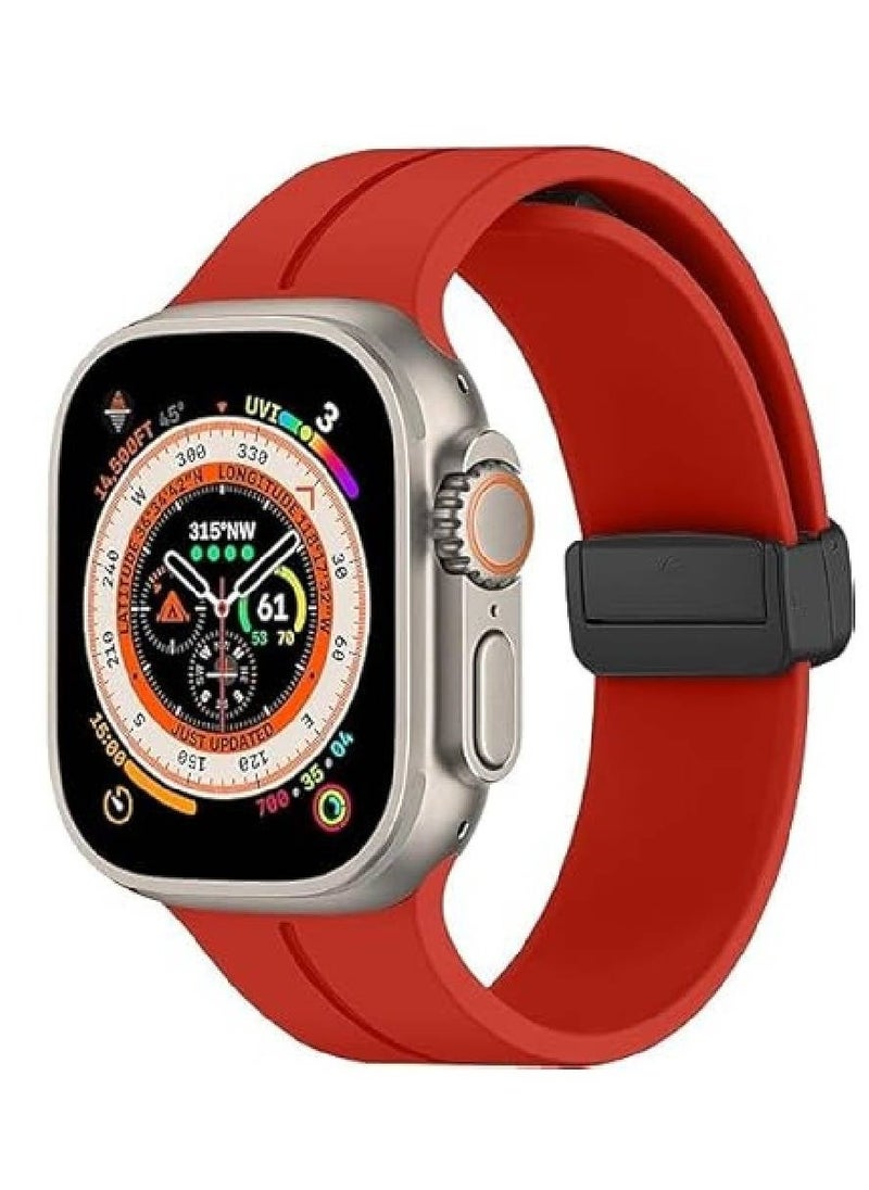 Soft Silicone Sport Strap with Magnetic Buckle for Apple Watch Ultra | Compatible with 49mm, 45mm, 44mm, 42mm | Unisex Wristband for Men & Women (Red) - Image 1