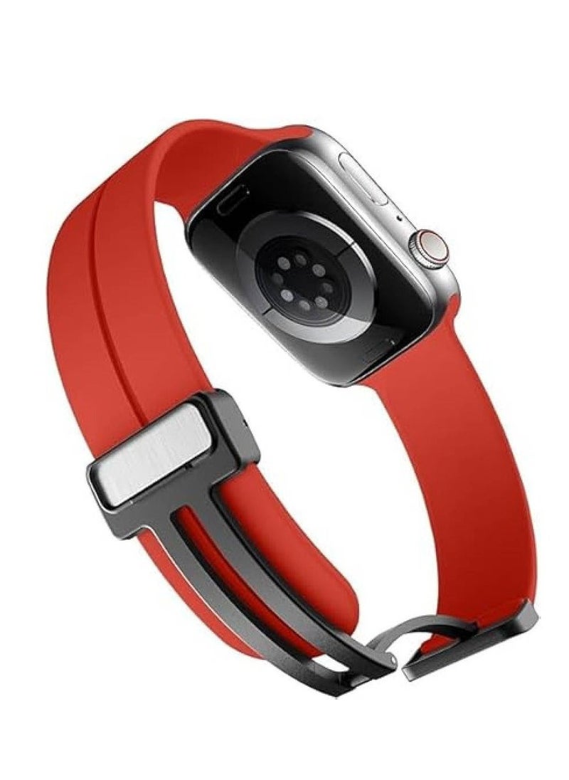 Soft Silicone Sport Strap with Magnetic Buckle for Apple Watch Ultra | Compatible with 49mm, 45mm, 44mm, 42mm | Unisex Wristband for Men & Women (Red) - Image 2