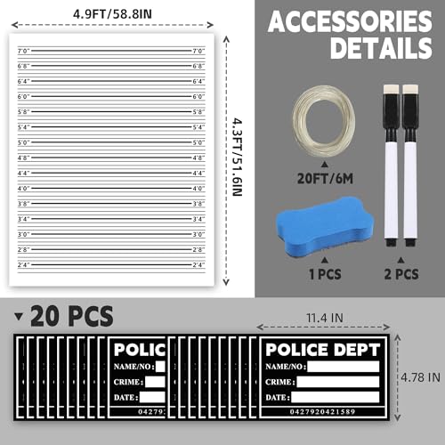 Dormirpilow Mugshot Backdrop 5×4.3FT, 20 Pack Mugshot Signs with Polyester Height Charts,Crime Scene Jail Photo Props Background with 2 Markers & Dry Erase Eraser for Bachelorette, Jail Party Decorations - Image 2