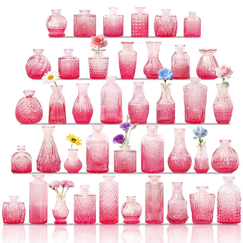 Fivenl Set of 40 Glass Bud Vases, Small Pink Glass Vases in Bulk, Mini Vintage Embossed Flower Vase for Wedding, Centerpieces, Birthday Party, Baby Shower, Home Table Decorations (Pink) - Image 1