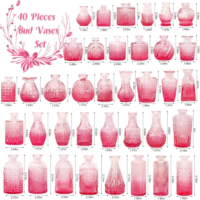 Fivenl Set of 40 Glass Bud Vases, Small Pink Glass Vases in Bulk, Mini Vintage Embossed Flower Vase for Wedding, Centerpieces, Birthday Party, Baby Shower, Home Table Decorations (Pink) - Image 2