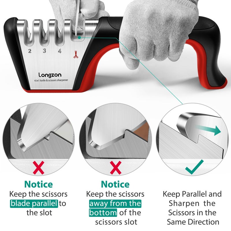 longzon Longzon 4-in-1 Knife Sharpener [4 Stage] with a Pair of Cut-Resistant Glove, Original Premium Polish Blades, Best Kitchen Knife Sharpener Really Works for Ceramic and Steel Knives, Scissors.  - Image 3