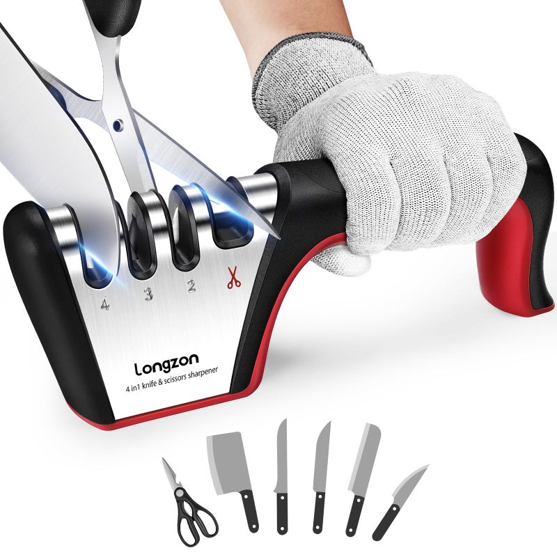longzon Longzon 4-in-1 Knife Sharpener [4 Stage] with a Pair of Cut-Resistant Glove, Original Premium Polish Blades, Best Kitchen Knife Sharpener Really Works for Ceramic and Steel Knives, Scissors.  - Image 1