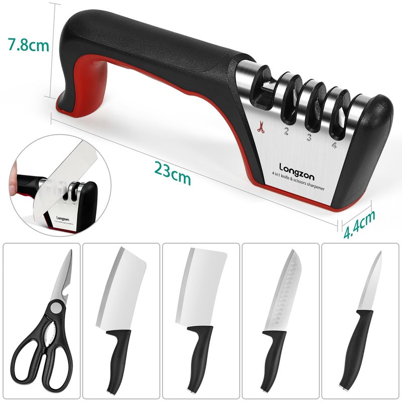 longzon Longzon 4-in-1 Knife Sharpener [4 Stage] with a Pair of Cut-Resistant Glove, Original Premium Polish Blades, Best Kitchen Knife Sharpener Really Works for Ceramic and Steel Knives, Scissors.  - Image 5