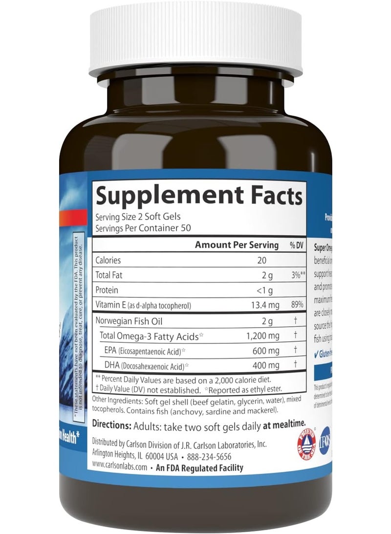 Carlson Wild Caught Super Omega-3 Gems, 1200 mg Omega-3s, 100 SoftGels  - Image 2