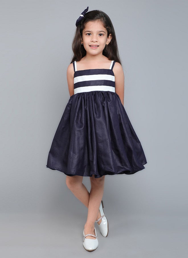PinkChick Navy Blue Colourblocked Fit & Flare Dress for Girls - Image 1