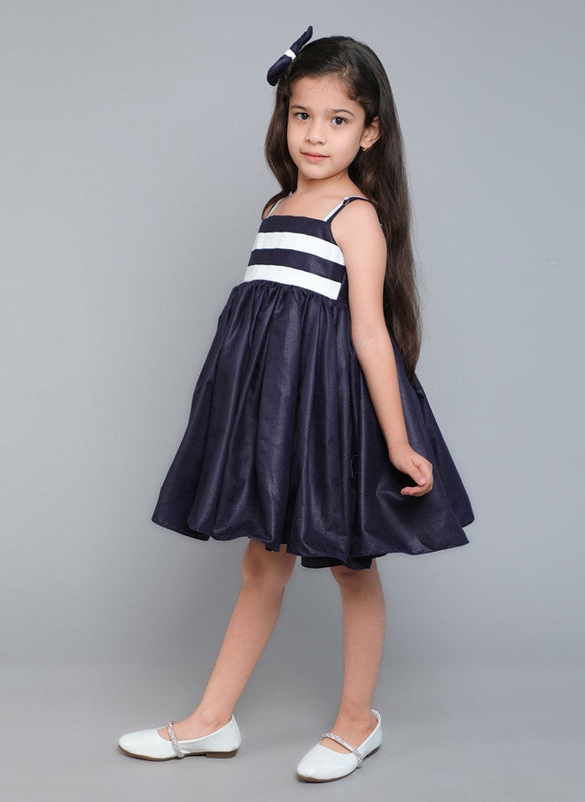 PinkChick Navy Blue Colourblocked Fit & Flare Dress for Girls - Image 4