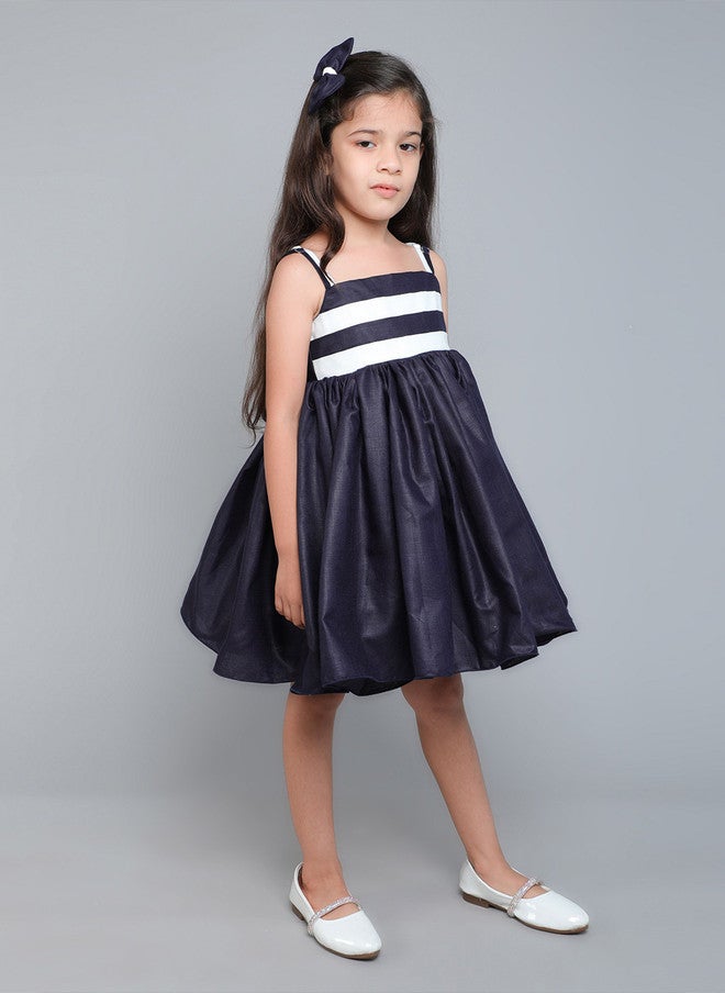 PinkChick Navy Blue Colourblocked Fit & Flare Dress for Girls - Image 3