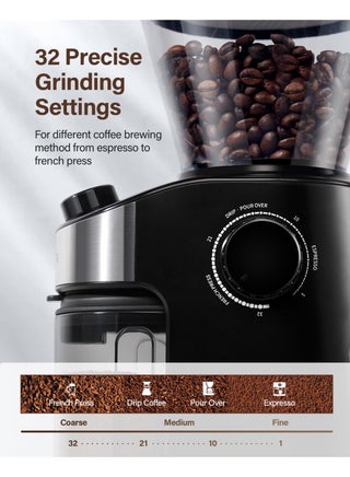 طاحونة القهوة بور 3.0، طاحونة حبوب قهوة كهربائية بـ 32 إعداد للطحن، مؤقت قابل للتعديل حتى 40 ثانية، زر تنظيف الحجرة للاستخدام المنزلي (ترقية جديدة بالكامل) - view 3