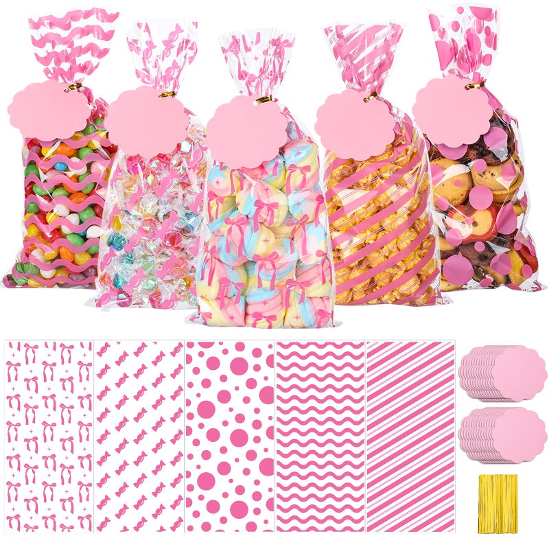 woric 100 Set Pink Cellophane Bags 5 x 106 Inch Clear Plastic Treat Bags Candy Goodie Bag with 100 Gift Tags and Twist Ties for Baby Shower Girl Weddings Pink Bow Birthday Party Favor - Image 2