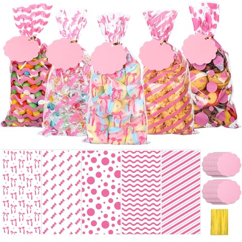 woric 100 Set Pink Cellophane Bags 5 x 106 Inch Clear Plastic Treat Bags Candy Goodie Bag with 100 Gift Tags and Twist Ties for Baby Shower Girl Weddings Pink Bow Birthday Party Favor - Image 1