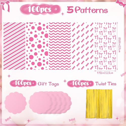 woric 100 Set Pink Cellophane Bags 5 x 106 Inch Clear Plastic Treat Bags Candy Goodie Bag with 100 Gift Tags and Twist Ties for Baby Shower Girl Weddings Pink Bow Birthday Party Favor - Image 3