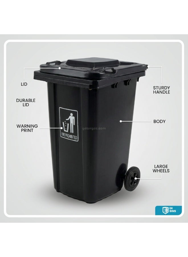 EK Bins Outdoor Waste Bin | Functional Garbage Bin | Durable Plastic Finish | Rubber-Wheeled & Mobile | Suitable For Outdoor Areas, Villas, Malls, Restaurants, & More | 240 Liters | Black - Image 2