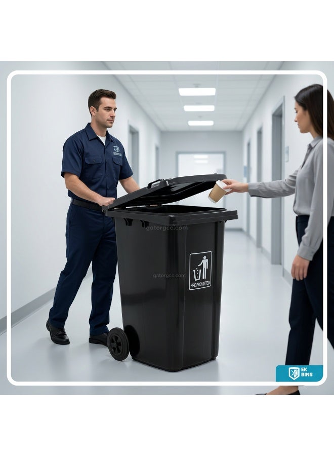 EK Bins Outdoor Waste Bin | Functional Garbage Bin | Durable Plastic Finish | Rubber-Wheeled & Mobile | Suitable For Outdoor Areas, Villas, Malls, Restaurants, & More | 240 Liters | Black - Image 4