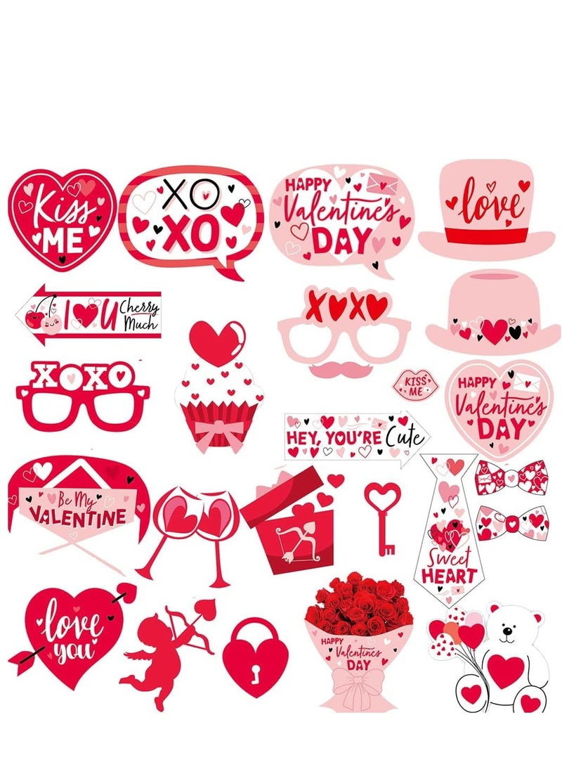 سيوسي دعائم الصور، 25 قطعة من دعامات الصور الرومانسية باللونين الوردي والأحمر لصالح الحفلات، مزيج من القبعات والقلوب والنظارات والزهور لعشاق الزوجين الدعائم السيلفي وأعياد الميلاد وحفلات الزفاف وحفلات الخطوبة - Image 1