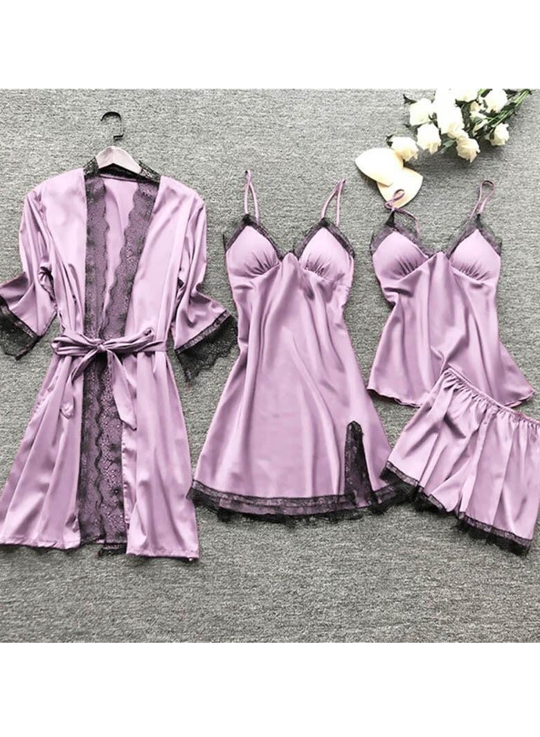 Spring And Summer Feminine Ice Silk Pajamas Four-Piece Set With Suspenders And Long Sleeves