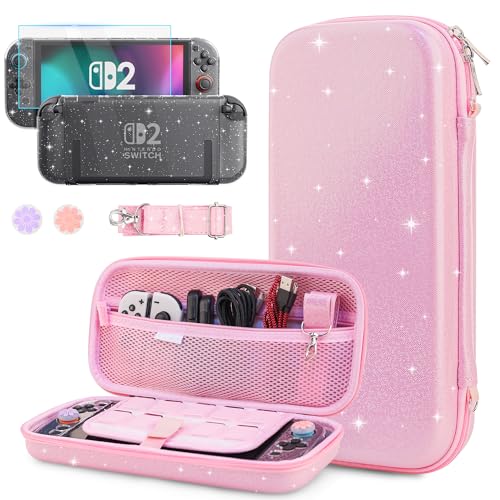 GLDRAM Carrying Case for Nintendo Switch 2 2025 Pink Glitter Portable Accessories Bundle with Travel Storage Bag Hard Shell PC Protective Cover HD Screen Protector Shoulder Strap 2 Thumb Grips - Image 1