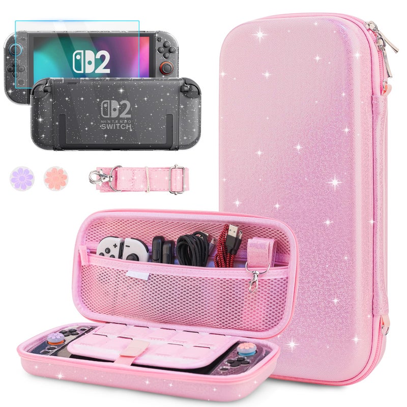 GLDRAM Carrying Case for Nintendo Switch 2 2025 Pink Glitter Portable Accessories Bundle with Travel Storage Bag Hard Shell PC Protective Cover HD Screen Protector Shoulder Strap 2 Thumb Grips - Image 2