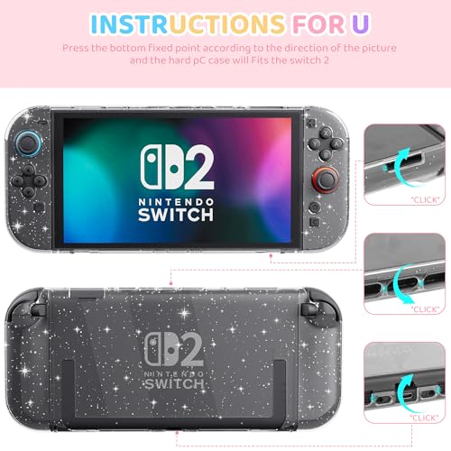 GLDRAM Carrying Case for Nintendo Switch 2 2025 Pink Glitter Portable Accessories Bundle with Travel Storage Bag Hard Shell PC Protective Cover HD Screen Protector Shoulder Strap 2 Thumb Grips - Image 3