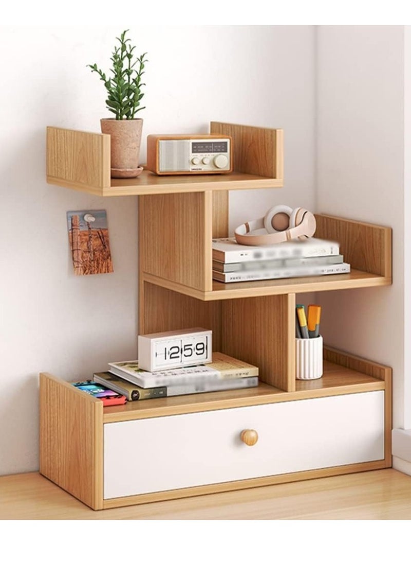 XiuWoo 4-Tier Wood Tree Shape Desktop Bookshelf Organizer and Office Storage Rack, Natural Stand Shelf  with Drawer for Office and Home - Image 1