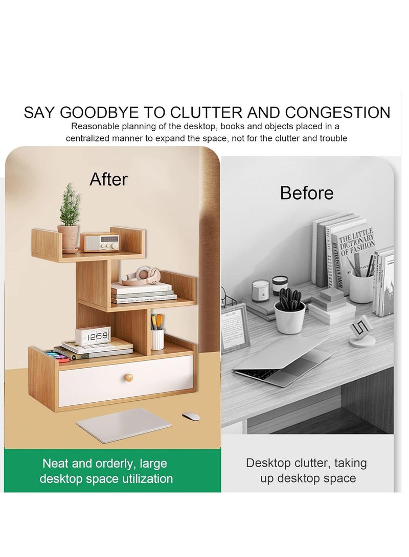 XiuWoo 4-Tier Wood Tree Shape Desktop Bookshelf Organizer and Office Storage Rack, Natural Stand Shelf  with Drawer for Office and Home - Image 5