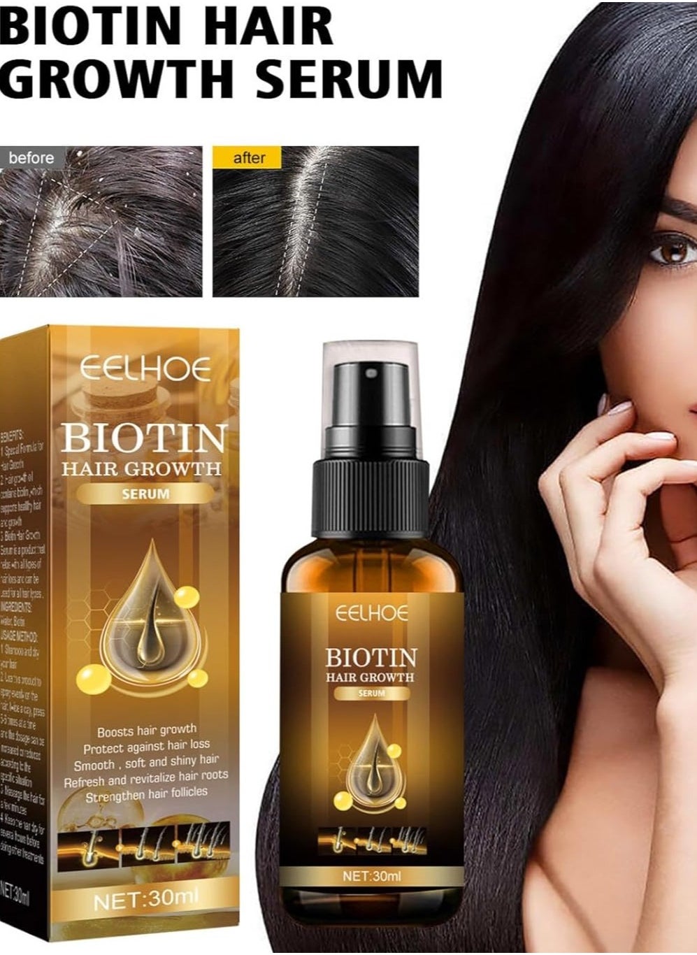 EELHOE Biotin Hair Growth Spray, Biotin Hair Growth Serum, Hair Growth Serums, Nourishing Hair Spray, Prevention of Hair Loss, Biotin Hair Loss Oil, Hair Growth Essential Oils, Nourishes Hair and Scalp (1PC) 