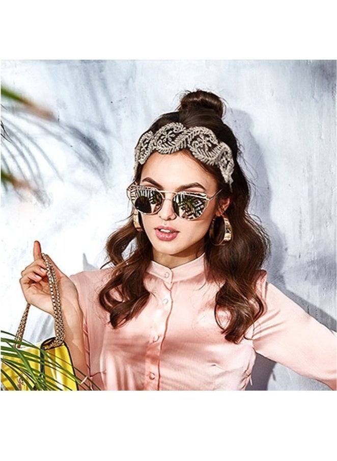 Generic 2 Pcs Elegant Lace Hollow Out Stretch Headbands Women Girls, Retro Elegant Hand Embroidery Cloth Art Breathable Wide Brim Headwrap, Elastic Band Turban Accessories (Golden+Coffee)  - Image 5
