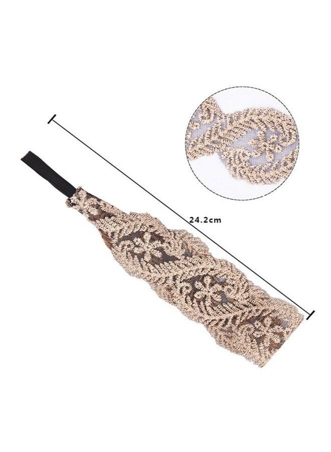 Generic 2 Pcs Elegant Lace Hollow Out Stretch Headbands Women Girls, Retro Elegant Hand Embroidery Cloth Art Breathable Wide Brim Headwrap, Elastic Band Turban Accessories (Golden+Coffee)  - Image 2