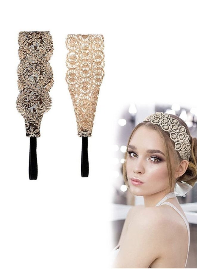 Generic 2 Pcs Elegant Lace Hollow Out Stretch Headbands Women Girls, Retro Elegant Hand Embroidery Cloth Art Breathable Wide Brim Headwrap, Elastic Band Turban Accessories (Golden+Coffee)  - Image 1
