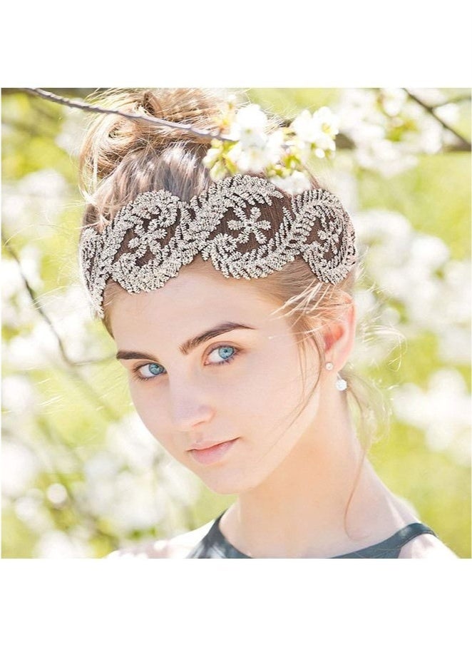 Generic 2 Pcs Elegant Lace Hollow Out Stretch Headbands Women Girls, Retro Elegant Hand Embroidery Cloth Art Breathable Wide Brim Headwrap, Elastic Band Turban Accessories (Golden+Coffee)  - Image 4