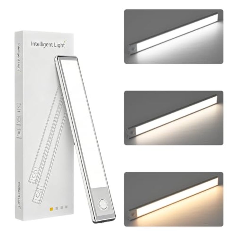 9mm Ultra Slim Under Cabinet Lights, Motion Sensor Lamp with 30 Day Battery Life, 3 Color Dimmable Cordless LED Night Light, Type-C Rechargeable, for Kitchen, Wardrobe, Stairs, Silver 30cm - Image 1