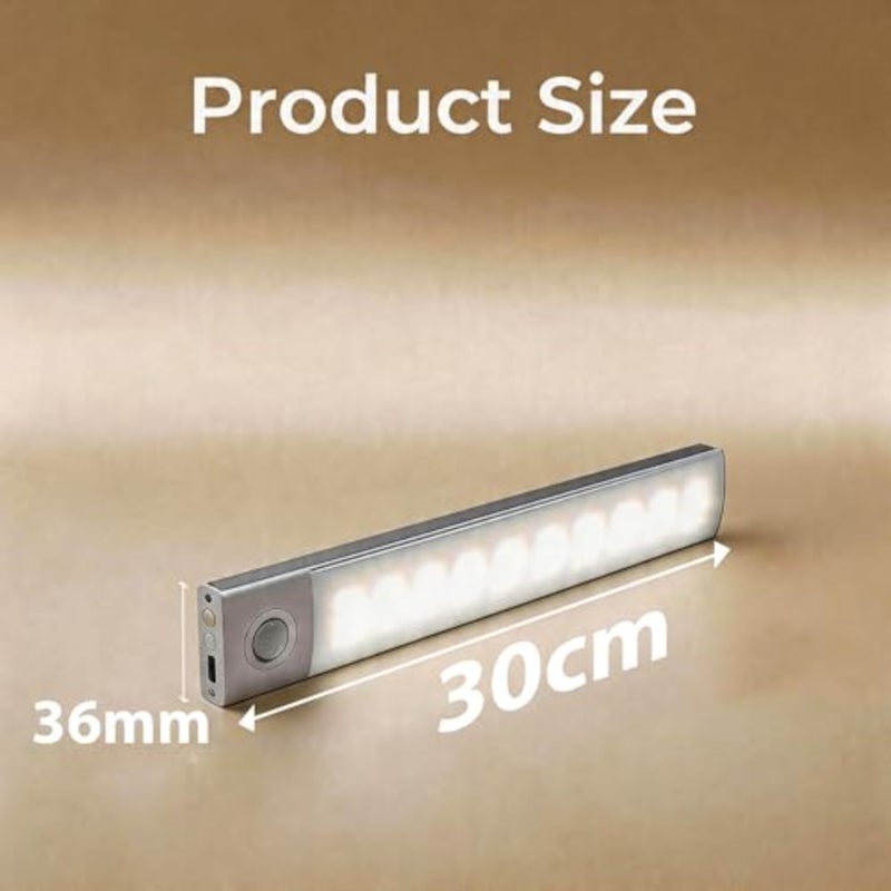 9mm Ultra Slim Under Cabinet Lights, Motion Sensor Lamp with 30 Day Battery Life, 3 Color Dimmable Cordless LED Night Light, Type-C Rechargeable, for Kitchen, Wardrobe, Stairs, Silver 30cm - Image 2