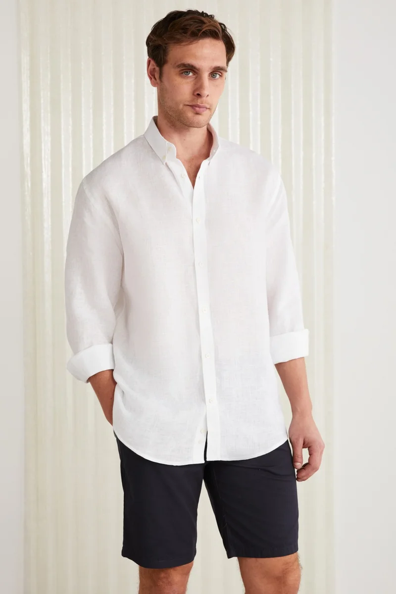 GRIMELANGE Brice Men's 100% Linen Fabric Loose White Shirt